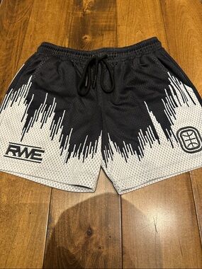 Overtime RVE Black & White Athletic Mesh Shorts with Graphic Fade - Y-Large